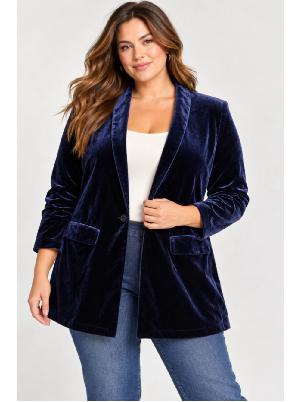 Navy Blue Velvet Longline Blazer Jacket Size Small Stretch Holiday